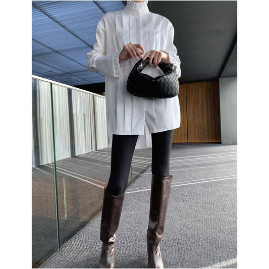 Asaya2096 : High temperature pleated lace collar sub-glossy loose shirt