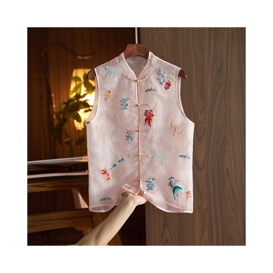 Asaya2090 : Goldfish embroidery light and transparent stand-up collar buckle lace stitching vest spring and summer new top