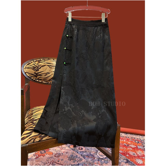 Asaya2087 : acetic acid jacquard national tide skirt women's slim back waist elastic side slit plate buckle bag hip skirt
