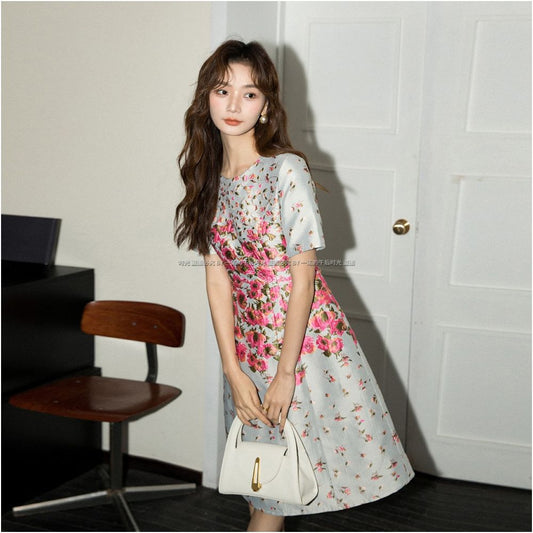 ASAYA2044 Pink heavy industry embossed waist jacquard dress female 2806 spring and summer outfit niche design exquisite short-sleeved dress skirt