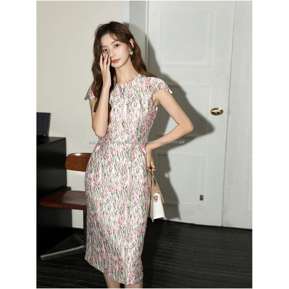 Heavy industry pink imitation Song brocade jacquard short sleeved summer dress 2810 new style temperament Hepburn style light luxury dress image 0