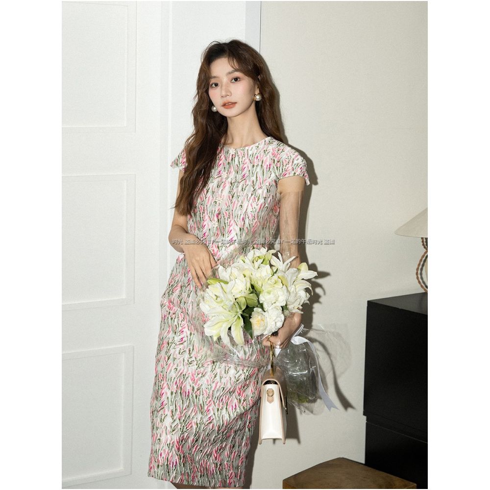 Heavy industry pink imitation Song brocade jacquard short sleeved summer dress 2810 new style temperament Hepburn style light luxury dress image 1