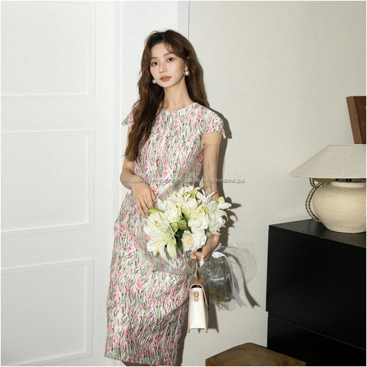 ASAYA2046 Fashion heavy industry pink jacquard short-sleeved summer dress 2810 new temperament waist Hepburn style high-end skirt
