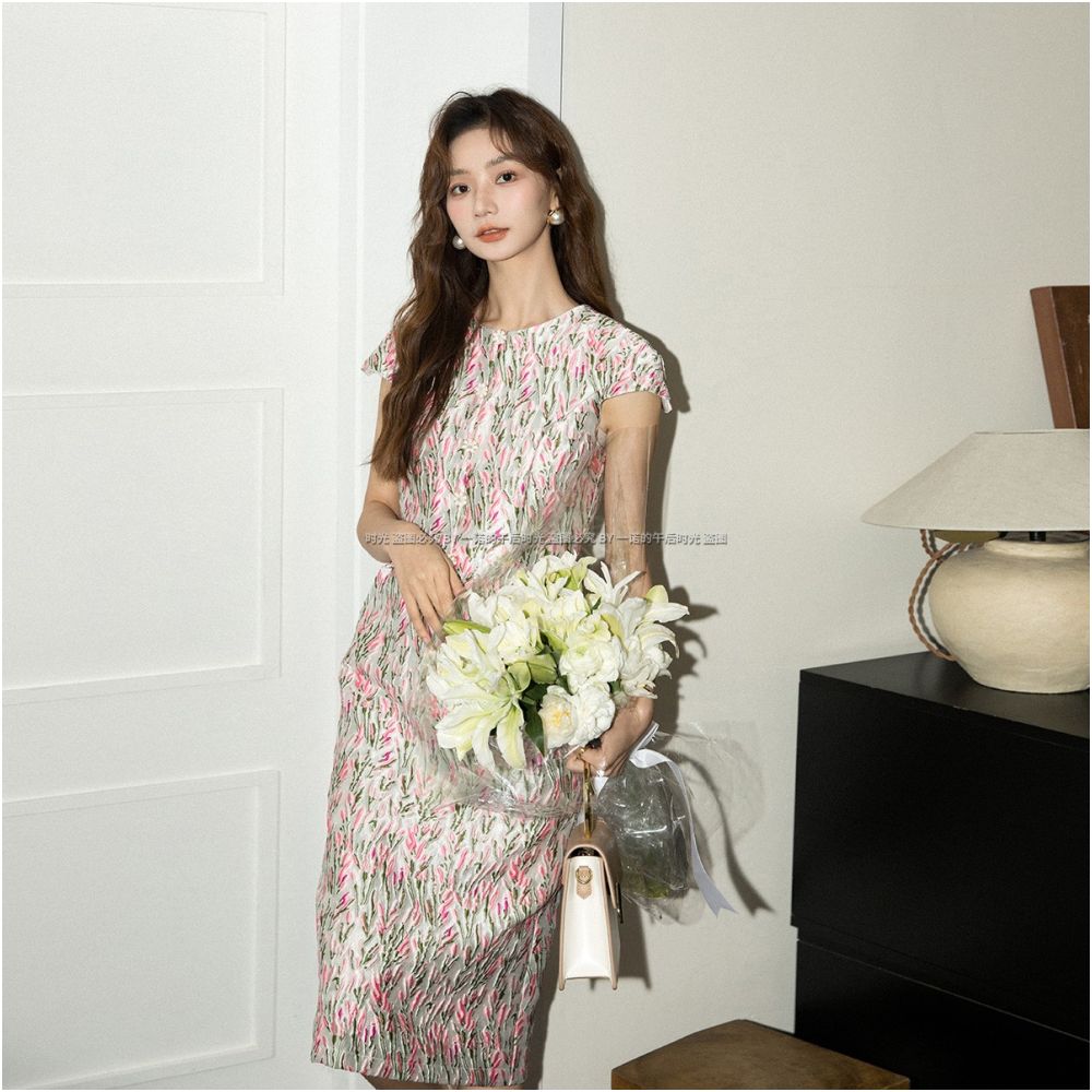 Heavy industry pink imitation Song brocade jacquard short sleeved summer dress 2810 new style temperament Hepburn style light luxury dress image 14