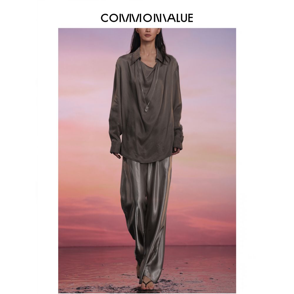 COMMON VALUE Japan Imported 100 Satin Acetate Pants High Grade Gloss Natural Texture Wide Leg Pants image 2