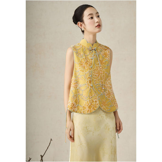 ASAYA4759 – Golden Blossom Vest & Silk Dress Set ✨🌼