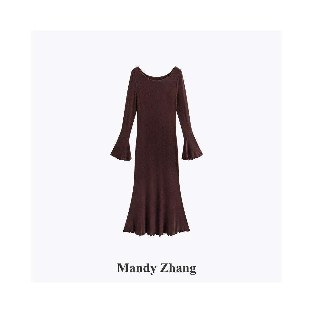 MandyZhang French Acetate Sheep Wool Brown Long Sleeve Knitted Dress for Women s Autumn and Winter Tailored Skirt with Fish Tail image 8