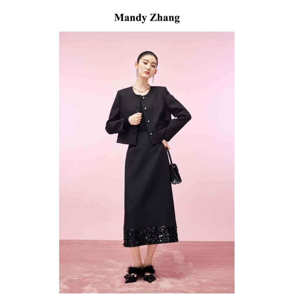 MandyZhang French black sequin patchwork small fragrant style jacket for women s autumn and winter fashion design sense short top image 2