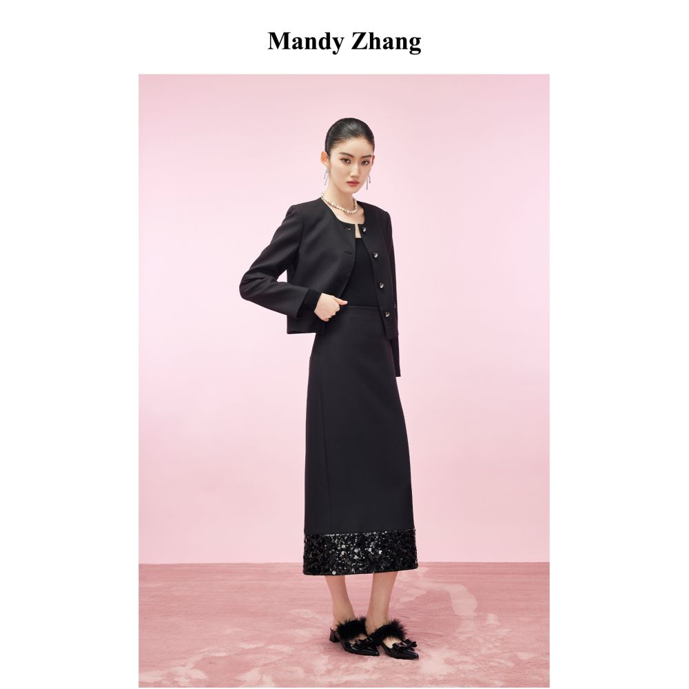 MandyZhang French black sequin patchwork small fragrant style jacket for women s autumn and winter fashion design sense short top image 4