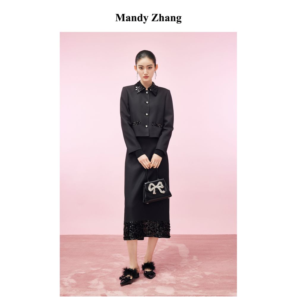 MandyZhang French black sequin patchwork small fragrant style jacket for women s autumn and winter fashion design sense short top image 5