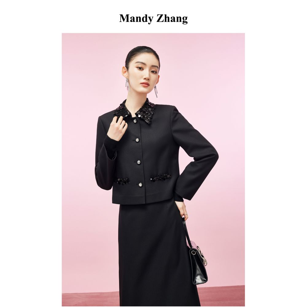 MandyZhang French black sequin patchwork small fragrant style jacket for women s autumn and winter fashion design sense short top image 0