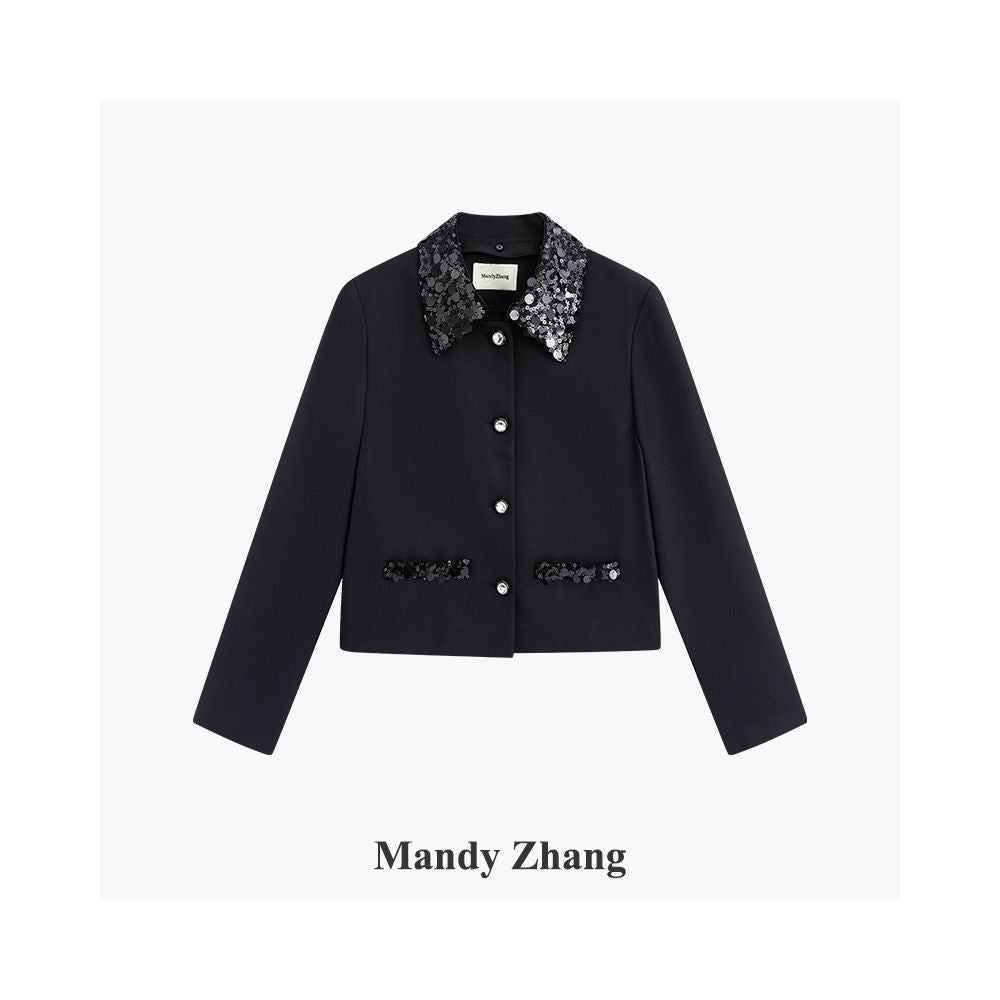 MandyZhang French black sequin patchwork small fragrant style jacket for women s autumn and winter fashion design sense short top image 7