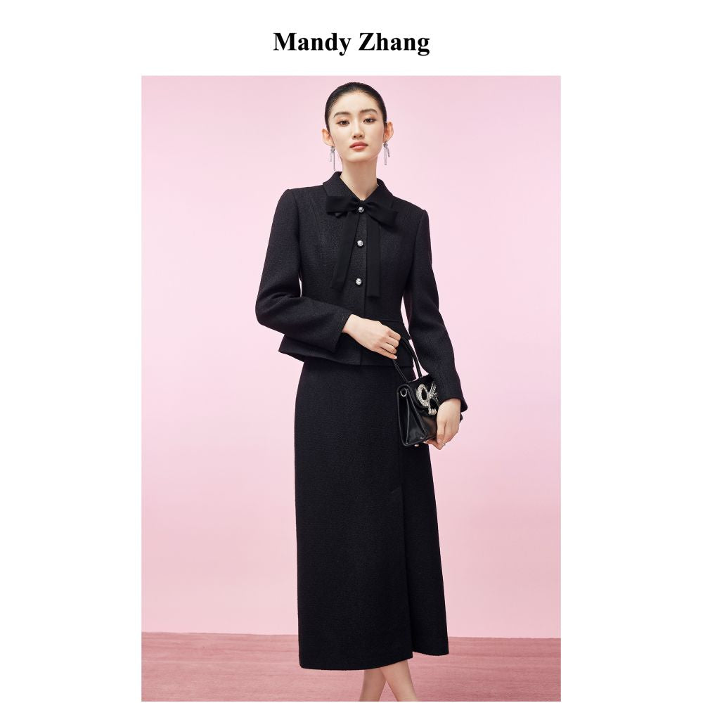 Mandy Zhang a wealthy heiress in black wool with a small fragrance style wearing a dress and a short jacket with a bow and waist for women in autumn and winter image 0