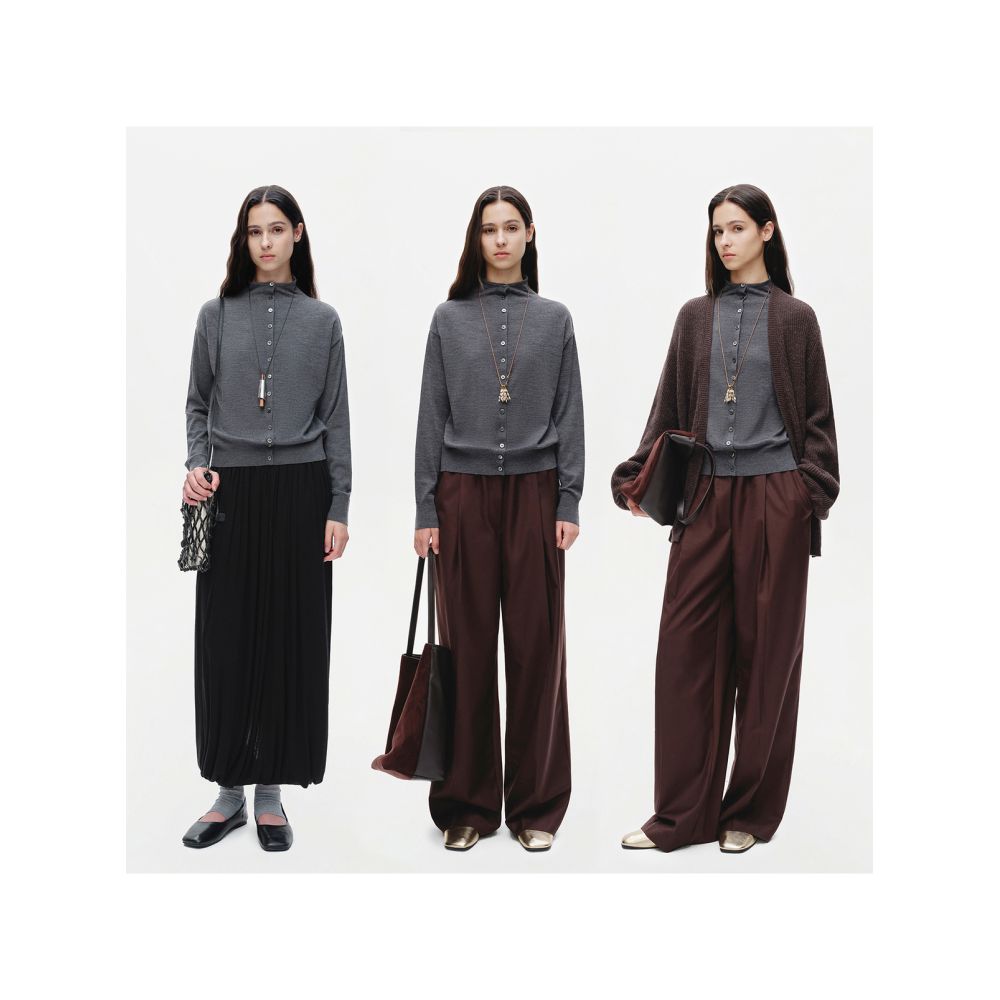 Marllen Classic Echoes 100 Wool Stacked One Row Buckle Design Drop Shoulder High Neck Knitted Cardigan for Women Autumn image 4