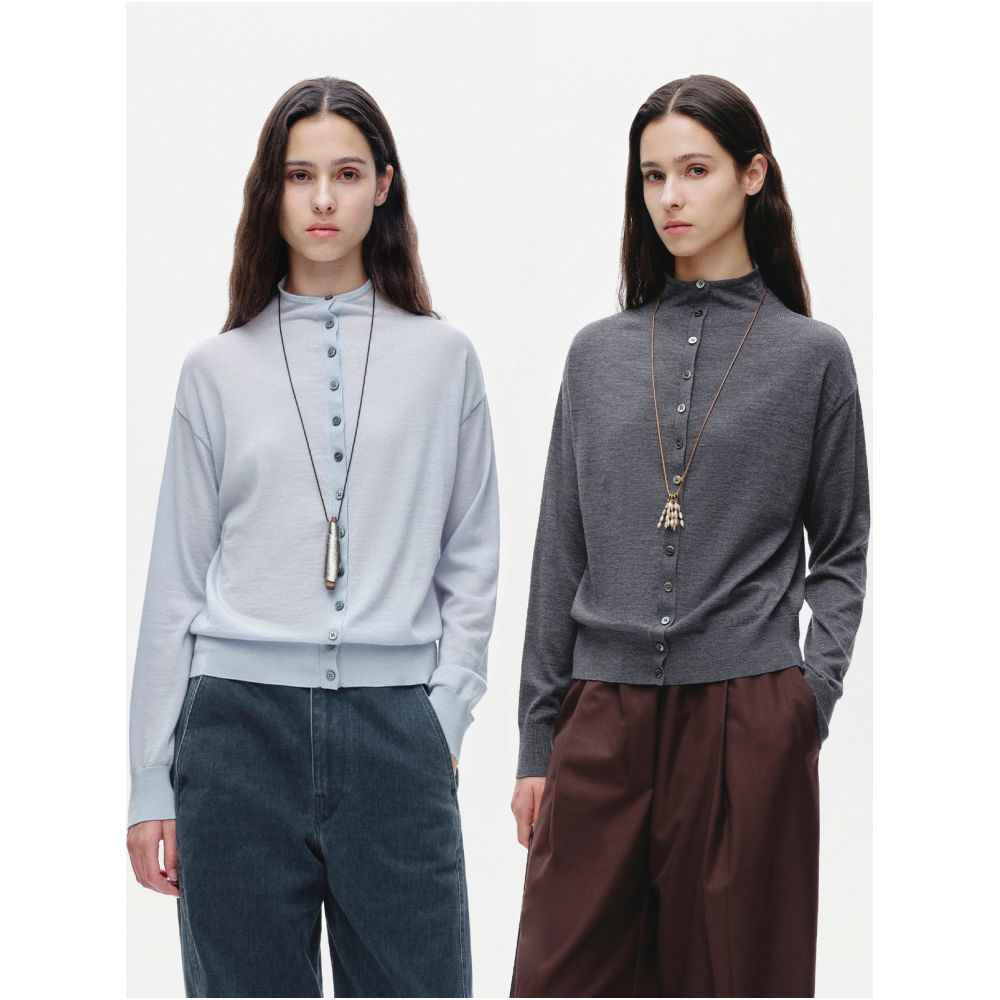 Marllen Classic Echoes 100 Wool Stacked One Row Buckle Design Drop Shoulder High Neck Knitted Cardigan for Women Autumn image 0