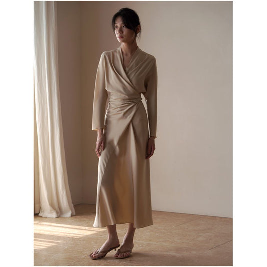 ASAYA1950 commuse22FW mulberry silk double Joe satin asymmetrical cut wrap tie-up diagonal long-sleeved dress