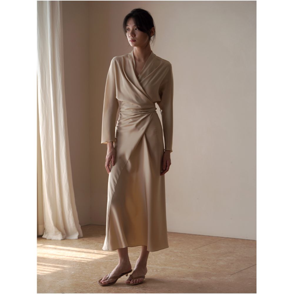 commuse memory mulberry silk double joe asymmetric cut wrap lace bias cut long sleeve dress image 8