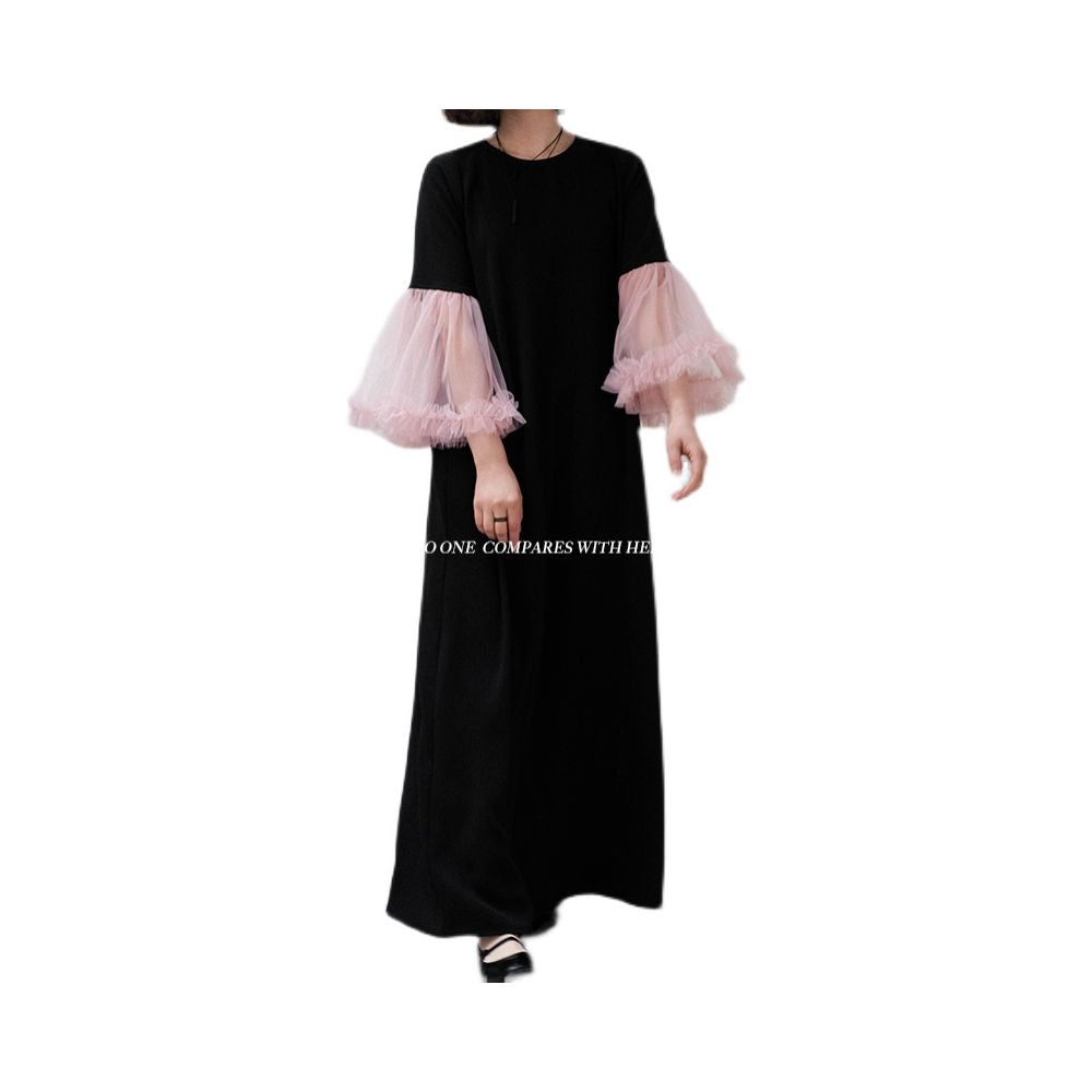 Original niche design with petal slimming splicing contrasting color mesh loose small dress super long dress image 5