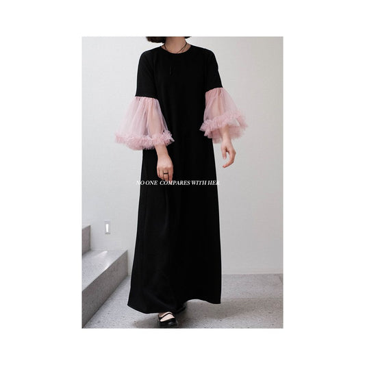 ASAYA 1917 With her original design, petals appear thin panels, contrasting mesh loose dress, maxi dress