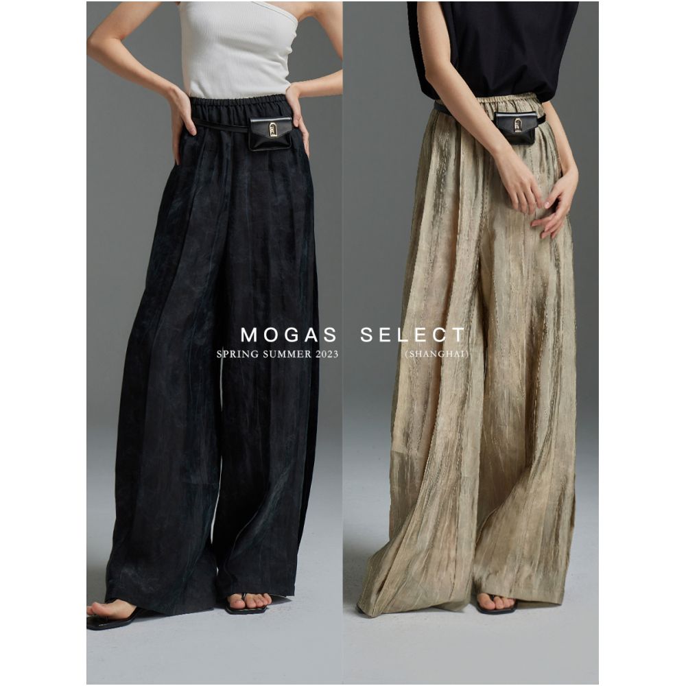 Spot Mogas high street pleated casual pants lightweight breathable elastic waistband long wide leg pants for women in spring and summer image 2