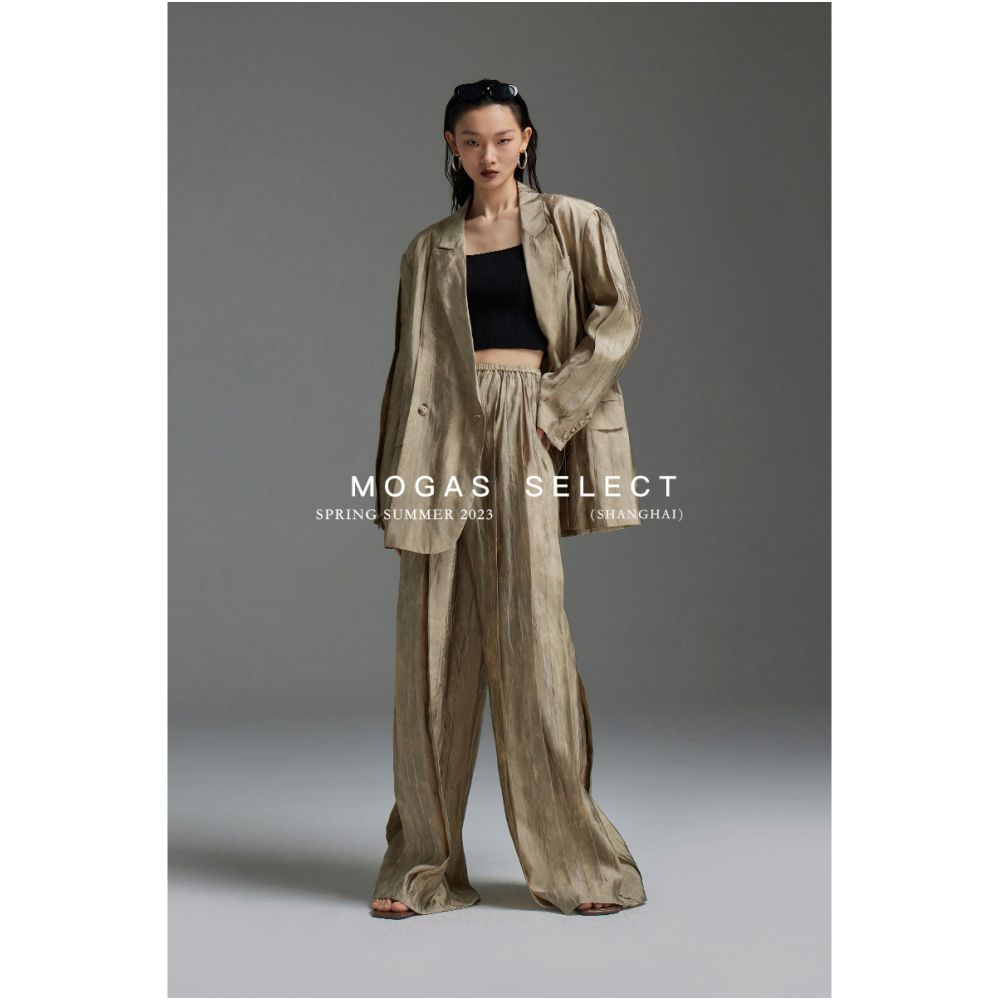 Spot Mogas high street pleated casual pants lightweight breathable elastic waistband long wide leg pants for women in spring and summer image 4