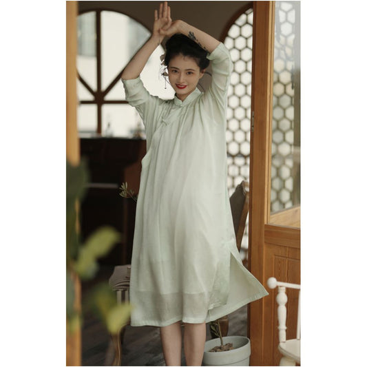 ASAYA1857  The ninth cloud "Flower Shadow Green Rose" green version dark pattern jacquard delicately hand-inverted large-sleeved cheongsam