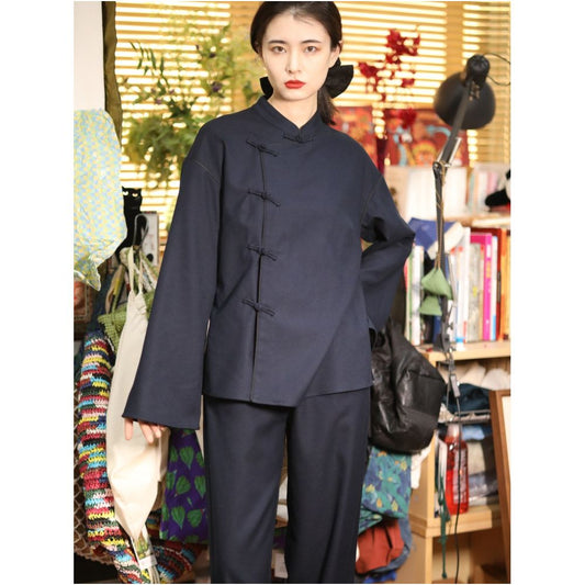 ASAYA1852  Ninth Cloud "Look at the Sea Tide Sheng" Dark Blue Series Chinese Improved Cheongsam Coat + Casual Pants