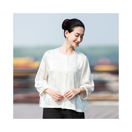 ASAYA1841 Jacquard satin light Chinese top Women's spring/summer crewneck loose quarter-sleeved shirt