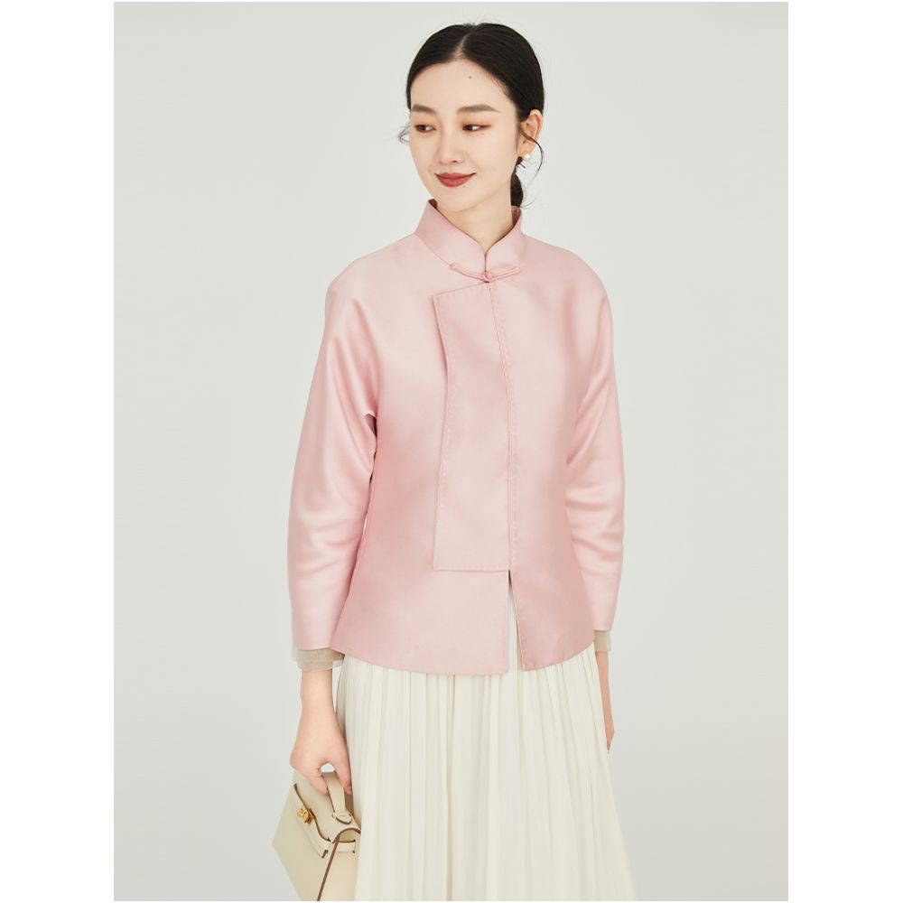 Fuyuntang Ni Miao New Chinese style improved national style top button stand collar spring and autumn pink small jacket women s short style image 4