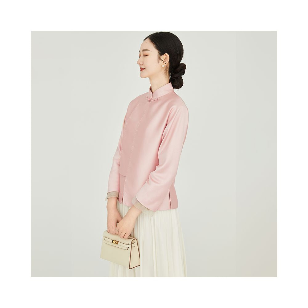 Fuyuntang Ni Miao New Chinese style improved national style top button stand collar spring and autumn pink small jacket women s short style image 8