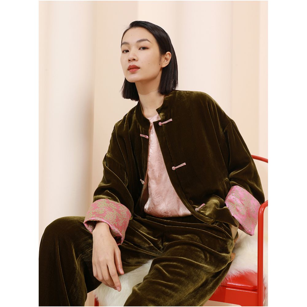 Ruyi Lianyun Spring and Autumn New Silk Velvet Pan Button Short Coat for Women Retro New Chinese Style Loose and Slim Top image 2