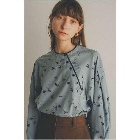 ASAYA 1810 Chinese style diagonal buttoned crewneck shirt, balloon sleeves, casual floral top