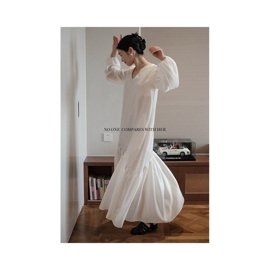 ASAYA1807 With her Spring and Autumn French shirt, V-neck, loose long-sleeved dress