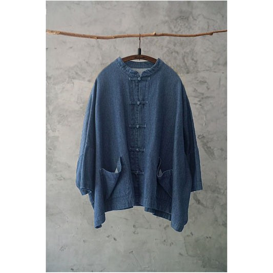 ASAYA1800  Spring Chinese style denim short jacket women's vintage cropped sleeve button cardigan stand collar loose bat sleeve cardigan top