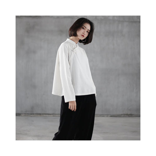 ASAYA1799 Spring Chinese style cotton and linen short coat women's ethnic style placket loose top vintage buckle cardigan jacquard long sleeve tea dress + white button shirt