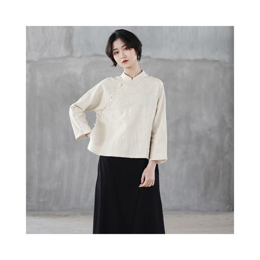 ASAYA1796 : Spring and autumn Chinese style shirt, women's stand collar, slanted placket, beaded button, tea dress, cotton and linen jacquard shirt, cropped sleeves, loose top