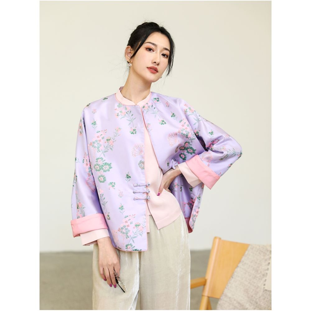 Taozhi Yaoyao 2023 Spring Vanilla Sky New Chinese Artistic Round Neck Jacquard Spring and Autumn Sandwich Coat Short image 2