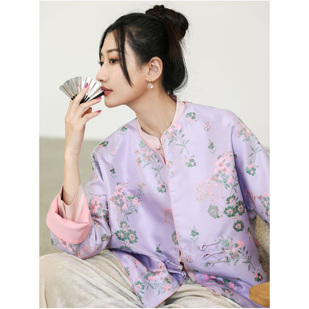 Taozhi Yaoyao 2023 Spring Vanilla Sky New Chinese Artistic Round Neck Jacquard Spring and Autumn Sandwich Coat Short image 0