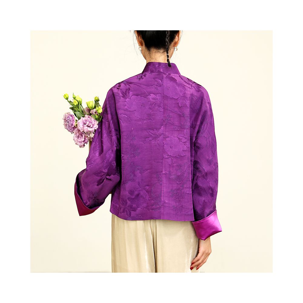 Taozhi Yaoyao 2023 Spring Purple Chinese Style Art Spring and Autumn Standing Collar Sandwich Jacquard Buckle Coat Solid Color Purple image 2