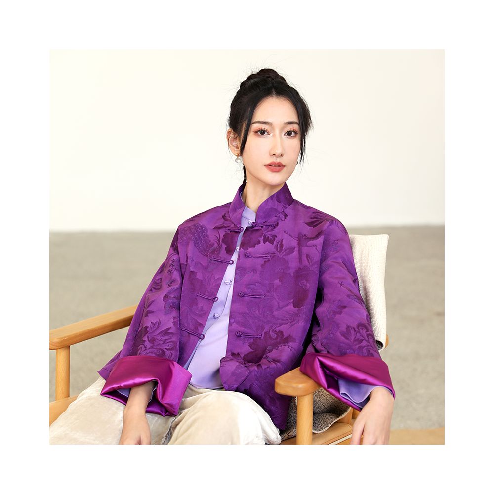 Taozhi Yaoyao 2023 Spring Purple Chinese Style Art Spring and Autumn Standing Collar Sandwich Jacquard Buckle Coat Solid Color Purple image 3