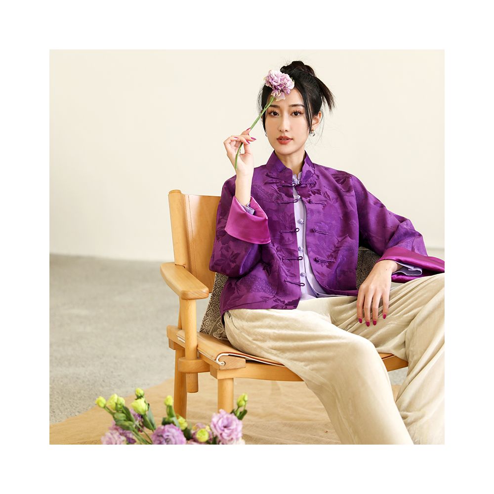 Taozhi Yaoyao 2023 Spring Purple Chinese Style Art Spring and Autumn Standing Collar Sandwich Jacquard Buckle Coat Solid Color Purple image 0