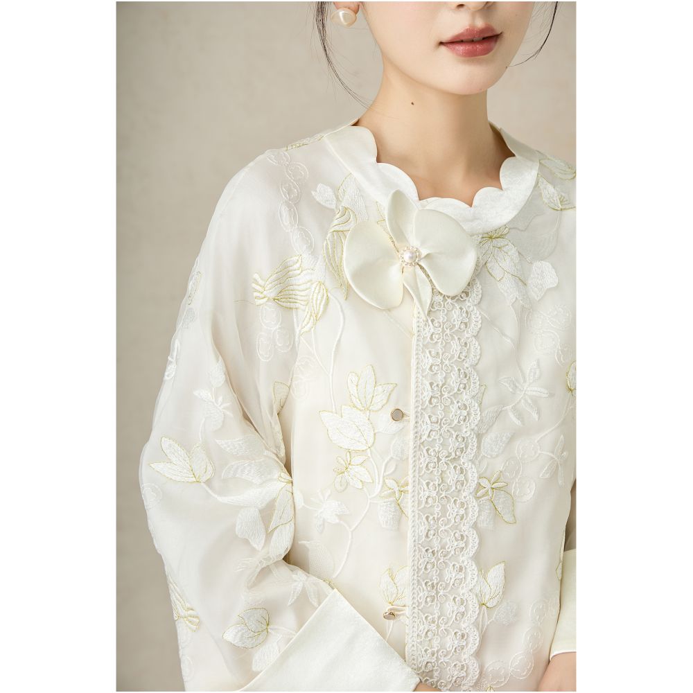 SHIBAI s White Drunken Flower Shade New Chinese Heavy Industry Embroidery Three Dimensional Flower Design Light Luxury Chinese Style Elegant White Coat image 5