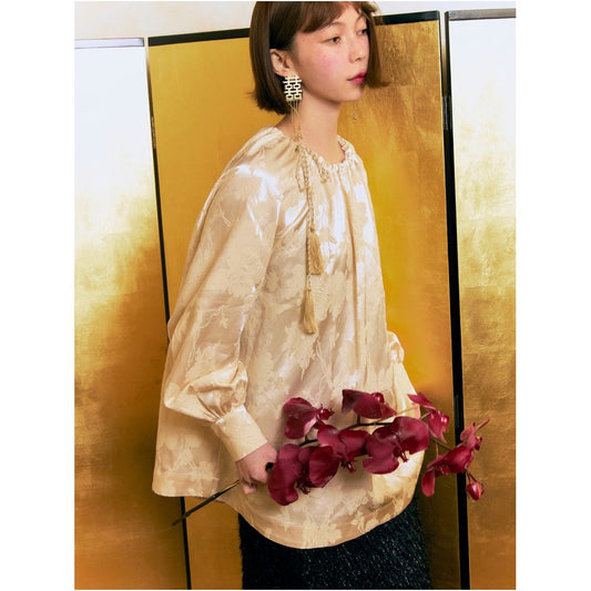 Asaya1776 Original and innovative Chinese style champagne jacquard satin drawstring tassel lantern sleeve shirt spring new product