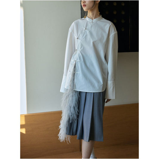 ASAYA1775  Original innovative Chinese style white shirt female spring and autumn simple all-match buckle loose stand-up collar shirt