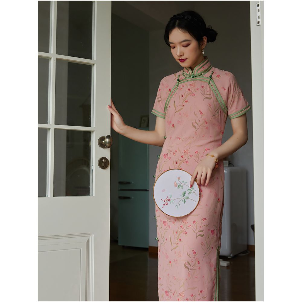 Ruhuan Fuxia Ancient Double breasted Cheongsam Retro Republic of China Style Girl Young Style Fresh Peach Pink Chiffon Cheongsam image 17