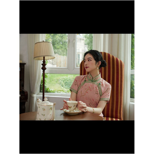ASAYA1750  Ruhua Fuxia ancient double-breasted cheongsam retro Republican style girl young fresh peach pink chiffon cheongsam