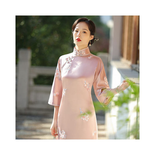 ASAYA1749  Orchid fabric acetate satin inverted large-sleeve cheongsam 2023 new spring dress flat cut without province self-cultivation embroidered young daily style