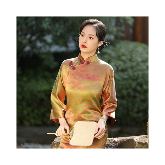 ASAYA1748Lanting wadding 40 mm heavy satin fragrant cloud gauze autumn and winter long-sleeved young traditional ancient cheongsam daily retro color