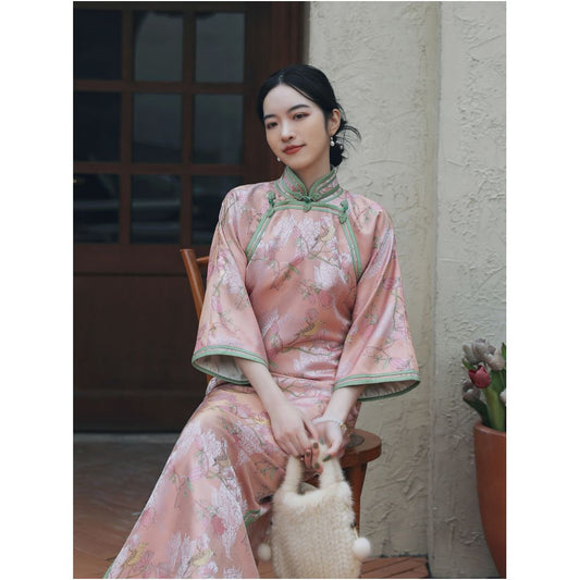 ASAYA 1742 Xiaoxi Fuxia Chinese style double-breasted cheongsam autumn and winter flower and bird jacquard