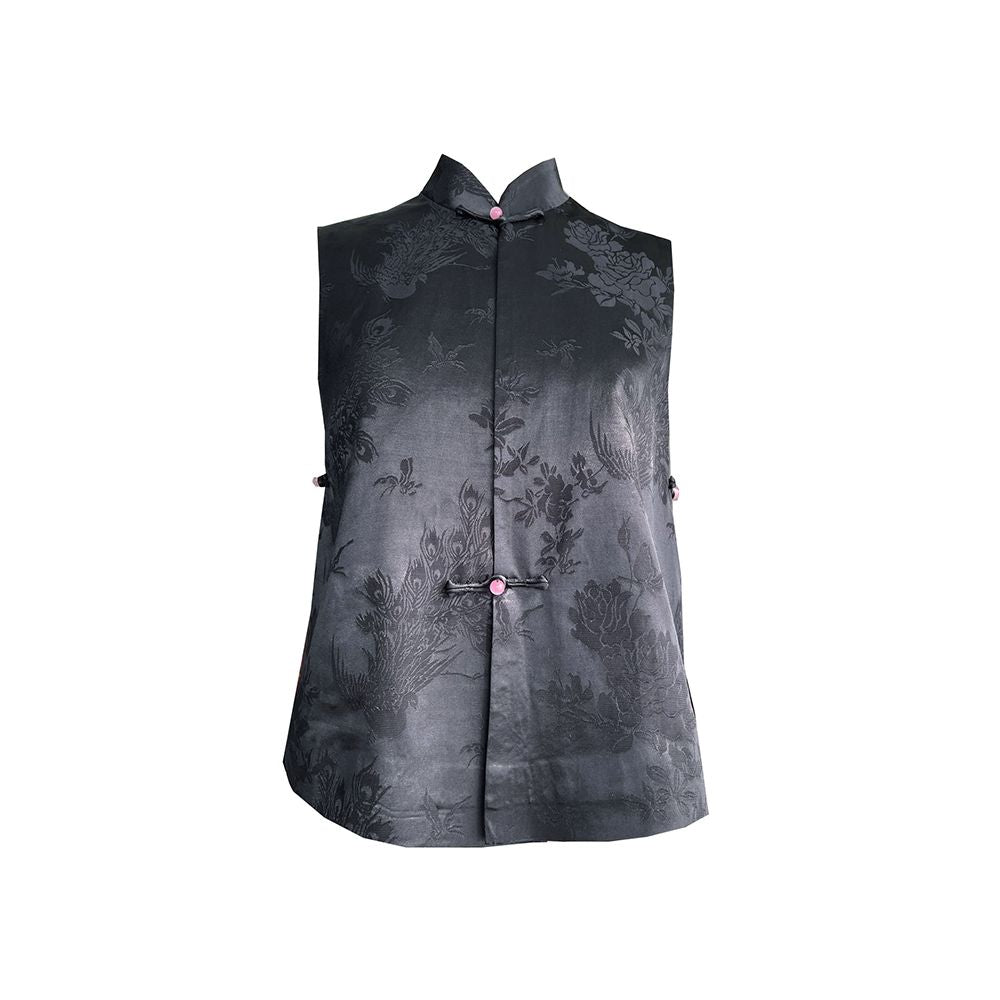 Taozhi Yaoyao 2023 Spring Black Phoenix Chinese style literary buckle stand collar shoulder vest solid color black image 5